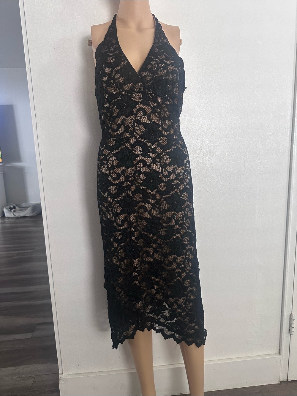 Vintage Windsor Black Lace Overlay Midi Dress Large - Nude Lining - Halter Neck
